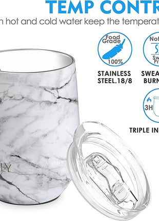 THILY Stainless Steel Stemless Wine Tumbler 4 Pack Vacuum Insulated Travel Wine Glasses with Sliding Lids and Straws, 12 oz, Keep Cold for Juice, Coffee, Beer, 4 Different Marbles Set