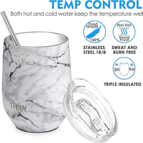THILY Stainless Steel Stemless Wine Tumbler 4 Pack Vacuum Insulated Travel Wine Glasses with Sliding Lids and Straws, 12 oz, Keep Cold for Juice, Coffee, Beer, 4 Different Marbles Set