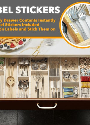 SpaceAid Bamboo Drawer Dividers with Inserts and Labels, Kitchen Adjustable Drawer Organizers, Expandable Organization for Home, Office, Dressers, 7 Dividers with 15 Inserts (17"-22" White)
