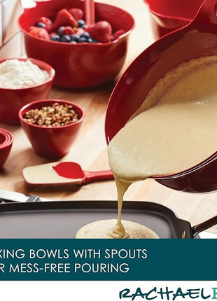 Rachael Ray Pantryware Nesting Mixing Bowls with Built-in spouts and Handles and Measuring Cups For Space-saving storage, Utensil Set, Dishwasher Safe, 10 Piece, Red