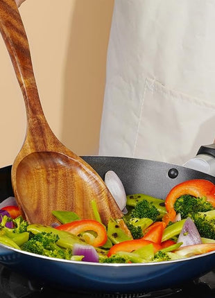 FJNATINH 2 Pcs Wooden Spatula Set for Cooking, Natural Teak Spatula and Slotted Turner for Non-stick Cookware, Kitchen Cooking Utensils for Frying Flipping Pancake Spatula