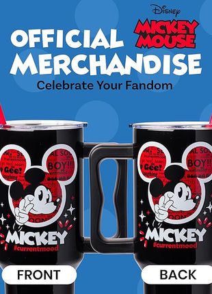 Silver Buffalo Disney Classic Mickey Mouse Hashtag Current Mood “#currentmood” Stainless Steel Tumbler with Handle and Straw, Fits in Standard Cup Holder, 40 Ounces