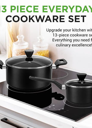 NutriChef 13-Piece Nonstick Cookware - Heat Resistant Kitchen Ware Set w/Saucepan, Frying Pans, Cooking Pots, Casserole, Lids, Ladle, Fork, Strainer - NCCWA13, Black
