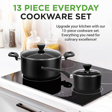 NutriChef 13-Piece Nonstick Cookware - Heat Resistant Kitchen Ware Set w/Saucepan, Frying Pans, Cooking Pots, Casserole, Lids, Ladle, Fork, Strainer - NCCWA13, Black