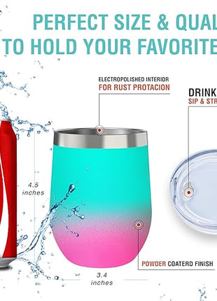 CHILLOUT LIFE 12 oz Stainless Steel Wine Tumbler with Lid - Double Wall Vacuum Insulated Wine Cup Glass Keeping Cold & Hot for Coffee, Champagne, Cocktails, Ice Cream - Powder Coated Aqua Blue/Pink