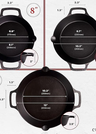 Cast Iron Skillet + Cast Iron Lid Set - 8"+10"+12" Dual Handle Frying Pans + Pan Scraper + Silicone Handle Holder Covers - Pre-Seasoned Indoor/Outdoor, Grill, Stovetop, Induction, Oven Safe Cookware