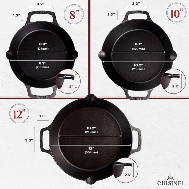 Cast Iron Skillet Set - 8"+10"+12"-Inch Dual Handle Frying Pans + Glass Lids + Silicone Handle Holder Covers - Pre-seasoned Oven Safe Cookware - Indoor/Outdoor Use - Grill, Stovetop, Induction Safe