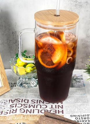 ANOTION Glass Cups with Lids and Straws - 40 Oz Tumbler with Handle and Straw Glass Water Bottles Drinking Glasses with Straws Iced Coffee Cups Travel Coffee Mug Smoothie Tumbler