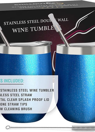 CHILLOUT LIFE 12 oz Stainless Steel Wine Tumblers 2 Pack - Double Wall Vacuum Insulated Wine Glasses Cups with Lids and Straws Set Keeping Cold & Hot for Coffee, Beer, Ice Cream - Blue Sparkle