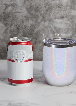 MEWAY 12oz/8 Pack Wine Tumbler Glasses with Lid - Stemless Double Wall Vacuum Stainless Steel Glitter Tumbler - Keeping Cold & Hot Cup for Coffee,Gift for Women(Rainbow White,Set of 8)