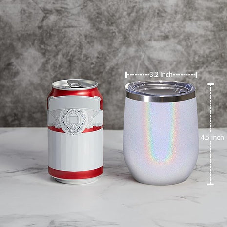 MEWAY 12oz/8 Pack Wine Tumbler Glasses with Lid - Stemless Double Wall Vacuum Stainless Steel Glitter Tumbler - Keeping Cold & Hot Cup for Coffee,Gift for Women(Rainbow White,Set of 8)