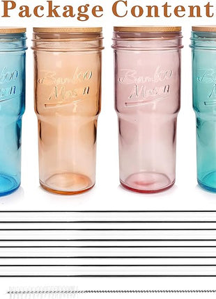 ANOTION Colored Glass Cups with Lids and Straws - 24oz Travel Coffee Mug Wide Mouth Mason Jar Iced Coffee Cup Smoothie Cup Glass Tumbler Tea Cup Clear Cute Water Cups Colorful Drinking Glasses