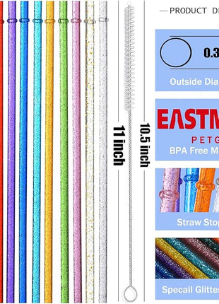 ALINK 12-Pack Glitter Reusable Clear Plastic Straws, 11" Long Hard Tumbler Replacement Drinking Straws for 16 OZ 20 OZ 30 OZ Stanley, YETI, Starbucks Tumblers with Cleaning Brush
