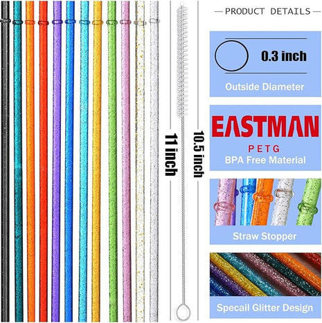 ALINK 12-Pack Glitter Reusable Clear Plastic Straws, 11" Long Hard Tumbler Replacement Drinking Straws for 16 OZ 20 OZ 30 OZ Stanley, YETI, Starbucks Tumblers with Cleaning Brush