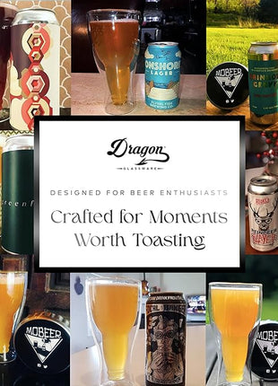 Dragon Glassware Beer Glasses - 13.5 oz Clear Double Wall Insulated Beer Glass Set of 2 - Upside Down Design - Holds One Full Bottle - Freezer Safe