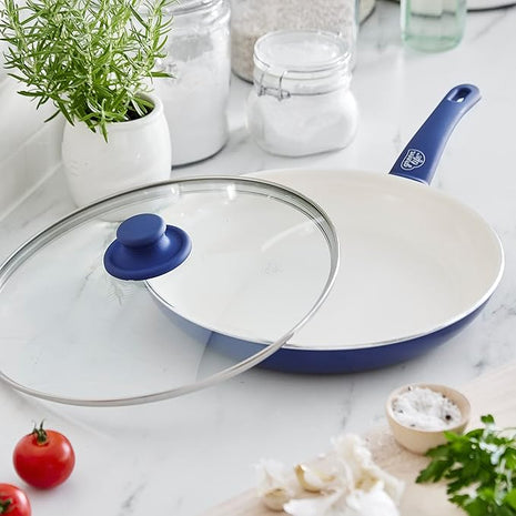 GreenLife Soft Grip Healthy Ceramic Nonstick, 12" Frying Pan Skillet with Lid, PFAS-Free, Dishwasher Safe, Blue