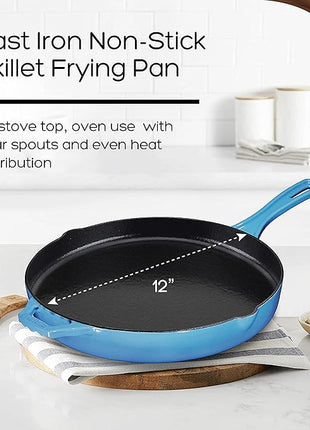 Bruntmor 12'' Blue Pre-seasoned Cast Iron Frying Pan, 12 Inch Oven Safe Skillet, Grill Pan Set, Nonstick Cookware And Bakeware For Casserole Dish