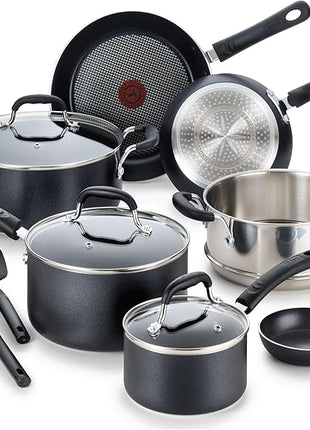 T-fal Experience Nonstick Cookware Set 12 Piece, Induction, Oven Broiler Safe 350F, Kitchen Cooking Set w/Fry Pans, Saucepan, Stockpot, Kitchen Utensils, Pots and Pans, Dishwasher Safe, Black
