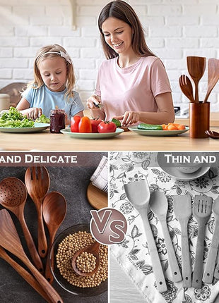 Wooden Spoons for Cooking, 6 Pcs Wooden Utensils for Cooking, Natural Teak Wood Non-Stick Cooking Spoons, Wood Utensils Set for Kitchen