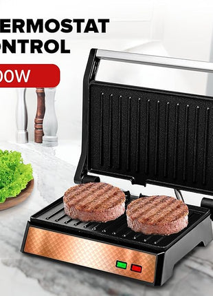 OVENTE Electric Panini Press Sandwich Maker with Non-Stick Coated Plates, Opens 180 Degrees to Fit Any Type or Size of Food, 1000W Indoor Grill Perfect for Quesadillas, Burgers & More, Copper GP0620CO