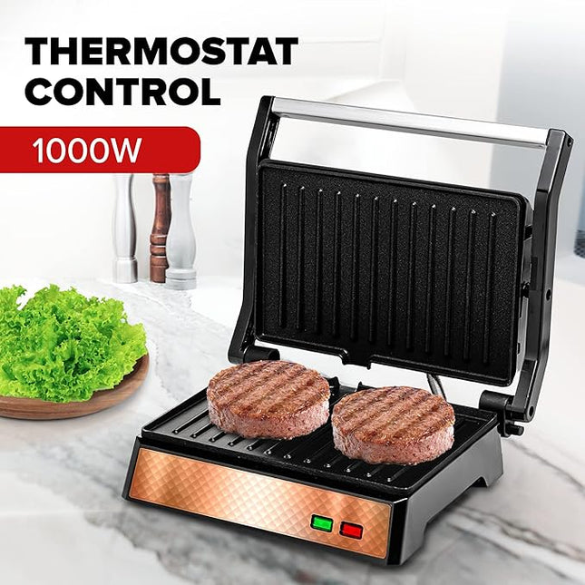 OVENTE Electric Panini Press Sandwich Maker with Non-Stick Coated Plates, Opens 180 Degrees to Fit Any Type or Size of Food, 1000W Indoor Grill Perfect for Quesadillas, Burgers & More, Copper GP0620CO