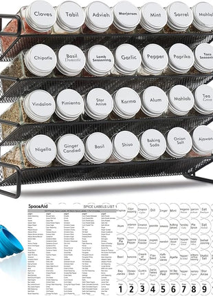 SpaceAid Spice Rack Organizer with 28 Spice Jars, 386 Spice Labels, Chalk Marker and Funnel Set for Cabinet, Countertop, Pantry, Cupboard or Door & Wall Mount - 28 Jars, 13.4" W × 10.8" H, White