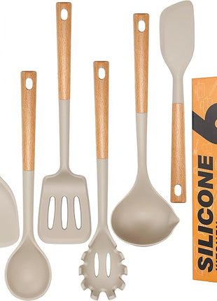 Silicone Cooking Utensils Set, Heat Resistance Large Kitchen Utensils Set with Long Wooden Handle, BPA-free Silicone Spatula, 6 Pcs Cooking Spoons for Non Stick Frying Pans and Pots(Khaki）