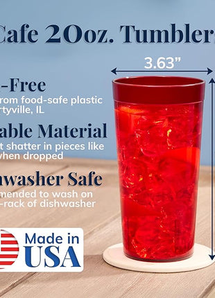 US Acrylic Cafe Plastic Reusable Tumblers (Set of 16) 20-ounce Water Cups Assorted Colors | Restaurant Style Drinking Glasses Value Set, Stackable, BPA-free, Made in the USA | Top-rack Dishwasher Safe