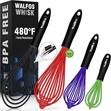 Walfos Whisk,Whisks for Cooking Non Scratch.Silicone Whisk Set of 4 Kitchen Wisk-11in Flat wisk and 7+9+11in Balloon Whisk.Nice for Mixing,Whisking and Stirring.Dishwasher Safe.(4pcs-Colorful)