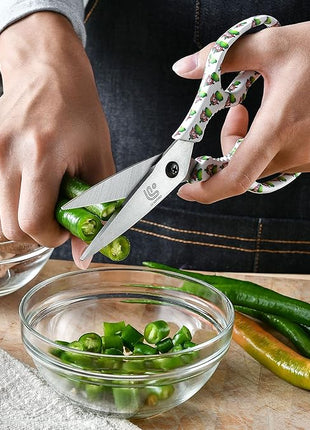 Linoroso Kitchen Scissors Heavy Duty Kitchen Shears with Magnetic Holder Made with Japanese Steel 4034, Multipurpose Ultra Sharp Cooking Scissors for Meat/Vegetables/BBQ/Herbs/Pizza (Graphic,Chili)