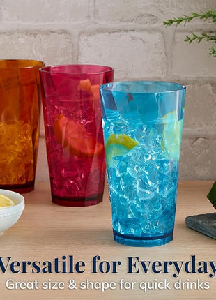 US Acrylic Optix Plastic Reusable Drinking Glasses (Set of 8) 20oz Water Cups in Jewel Tone Colors | BPA-Free Tumblers, Made in USA | Top-Rack Dishwasher Safe