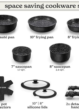 Country Kitchen Cookware Set with Removable Handle, Oven & RV Safe Pots and Pans Set, Black Rhombus, Original