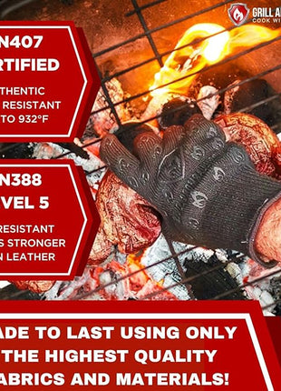 Oven Gloves with Fingers - 932°F Extreme Heat Proof and Cut Resistant Mitts for Kitchen, BBQ, Grill, Baking, Fire Pit - EN407 Certified with Non-Slip Silicone Grip and Cotton Lined for Comfort