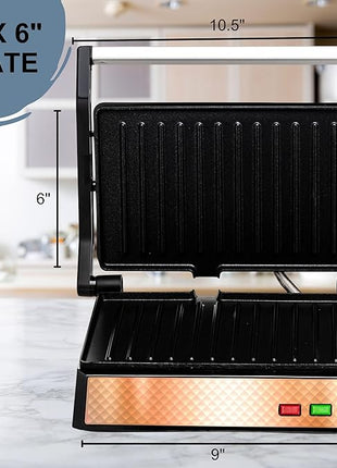 OVENTE Electric Panini Press Sandwich Maker with Non-Stick Coated Plates, Opens 180 Degrees to Fit Any Type or Size of Food, 1000W Indoor Grill Perfect for Quesadillas, Burgers & More, Copper GP0620CO