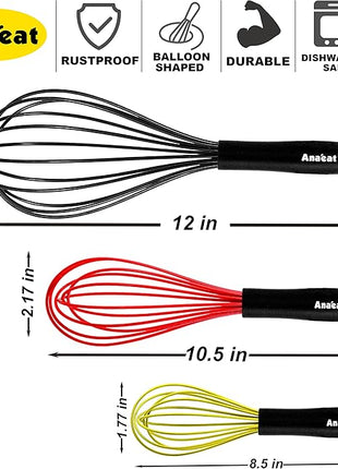 Anaeat Silicone Balloon Whisk, Perfect for Non-Stick Cookware, Milk and Egg Beater Blender, Heat Resistant Kitchen Whisks for Whisking, Cooking, Baking, Beating, Frothing & Stirring (Multicolor)