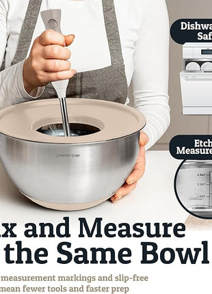 Priority Chef Stainless Steel Mixing Bowls with Lids Set, Metal Nesting Bowls with Airtight Lids, Graters, Non-Slip Base & Measurement Marks, Includes Utensil Set for Prep, Baking & Storage, Khaki