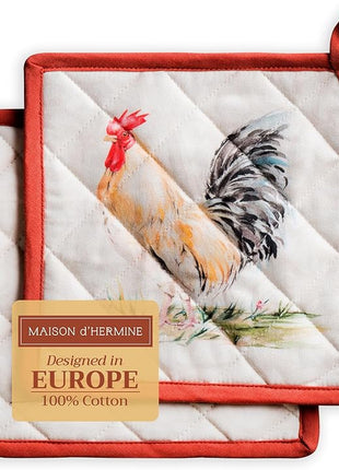 Maison d' Hermine Pot Holders Set 100% Cotton Heat Resistant Potholders 8" x 8" Hot Pads with Loop BBQ, Cooking, Baking, Grilling, Kitchen, Handling Hot Pans Spring/Summer (Pack of 2, Campagne)