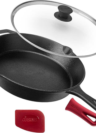 Cuisinel Cast Iron Skillet with Lid - 12"-Inch Frying Pan + Glass Lid + Heat-Resistant Handle Cover - Pre-Seasoned Oven Safe Cookware - Indoor/Outdoor Use - Grill, BBQ, Fire, Stovetop, Induction Safe