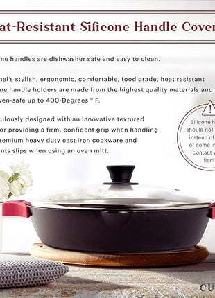 Cast Iron Skillet with Glass Lid - 12"-Inch Dual Handle Frying Pan + Pan Scraper + Silicone Handle Holder Covers - Preseasoned Oven Safe Cookware - Indoor/Outdoor Use - Grill, Stovetop, Induction Safe