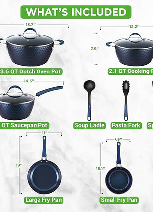 NutriChef 11 Piece Pots and Pans Set - Non Stick Cookware Set with Ceramic Coating, Cool-Touch Handles, Induction Ready, Includes Lids, and Utensils - Diamond Blue