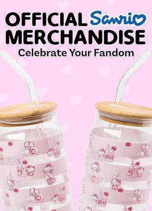 Silver Buffalo Sanrio Hello Kitty Strawberry Milk Pink Glass Jar Tumbler with Bamboo Lid and Glass Straw, 16 Ounces
