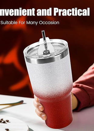 D·S 30 oz Tumbler Christmas Red Glitter Gradient Cup Stainless Steel Double Wall Vacuum Insulated Mug with Straw and Lid, Cleaning Brush for Cold and Hot Beverages