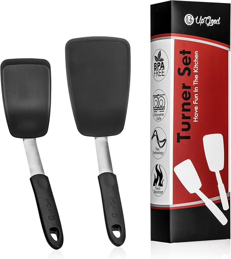 UpGood Silicone Turner Set 600ºF Heat Resistant - Large & Small Kitchen Spatulas with Tapered Edges & Flexible Stainless Steel - Cooking Utensil for Flipping Egg, Pancakes in Nonstick Cookware (2 Pcs)