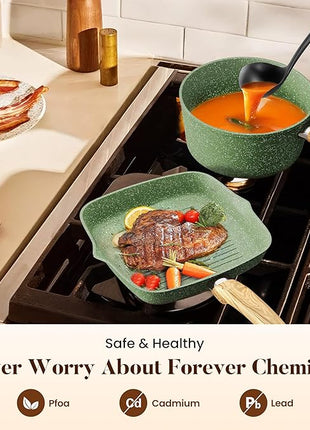 Kitchen Academy 17 Pieces Induction Cookware Set with Griddle, Green Granite Pots and Pans Set Non Stick, Healthy Nonstick Cooking Pans Set
