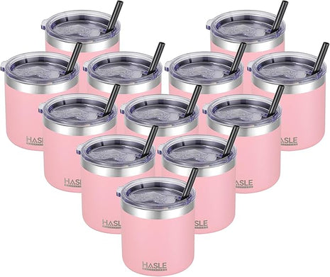 HASLE OUTFITTERS 10oz Insulated Tumblers with Lid and Straw,Stainless Steel Tumbler Travel Coffee Mug,Double Wall Reusable Tumbler Cup for Iced and Hot Drinks(Pink,12 Pack)