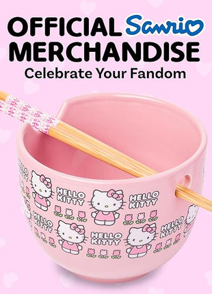 Silver Buffalo Sanrio Hello Kitty Flowers Pattern Ceramic Ramen Noodle Rice Bowl with Chopsticks, Microwave Safe, 20 Ounces