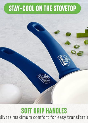 GreenLife 16 Piece Nonstick Cookware Set, Soft Grip Non-Toxic PFAS-Free Ceramic Pots & Pans, Dishwasher & Oven Safe, Frying, Sauce, Saute, Utensils, Glass Lids, Stay-Cool Handles, Wobble Free, Blue