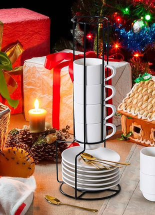 Lareina Porcelain Stackable Espresso Cups with Saucers, Spoons and Metal Stand, 3 Ounce Small Coffee Cups Set of 6 - Ceramic Demitasse Mugs, White