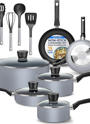 SereneLife Kitchenware Pots & Pans Basic Kitchen Cookware, Black Non-Stick Coating Inside, Heat Resistang Lacquer (11 Piece set), One Size, Gray