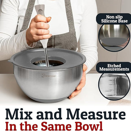 Priority Chef Stainless Steel Mixing Bowls with Lids Set, 3 Grater Attachments, Airtight Lids, Non-Slip Silicone Base Mixing Bowl Set, Large Prep Metal Mixing Bowls for Kitchen, Grey
